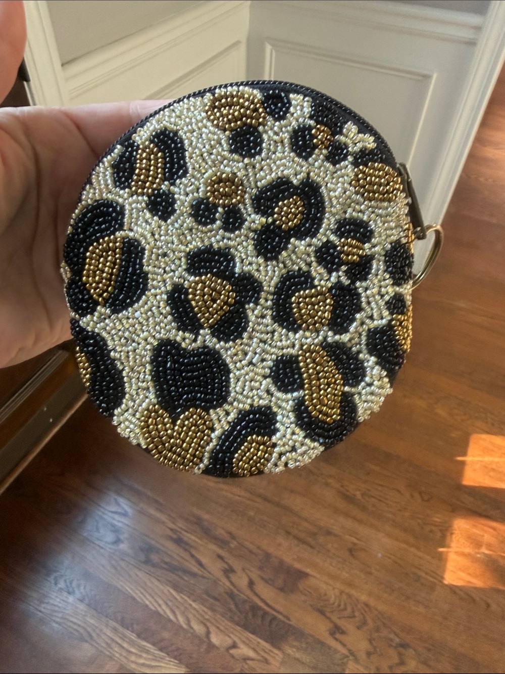Beaded Leopard Print Round Coin Pouch - Black, Gold, Cream